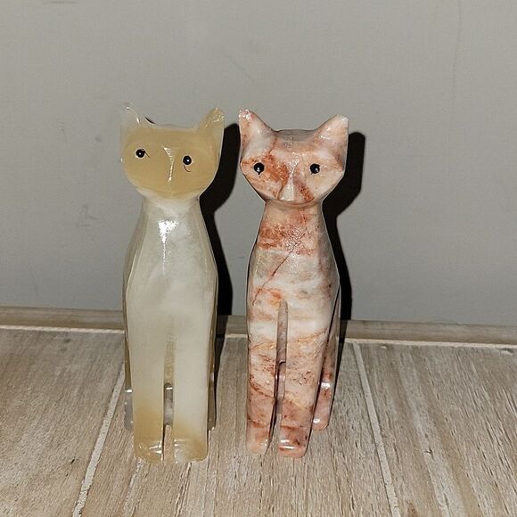 Vintage Pink Coral Marble Stone Cat & Honey Onxy Cat Tabletop Decor Crystal - Picture 2 of 7